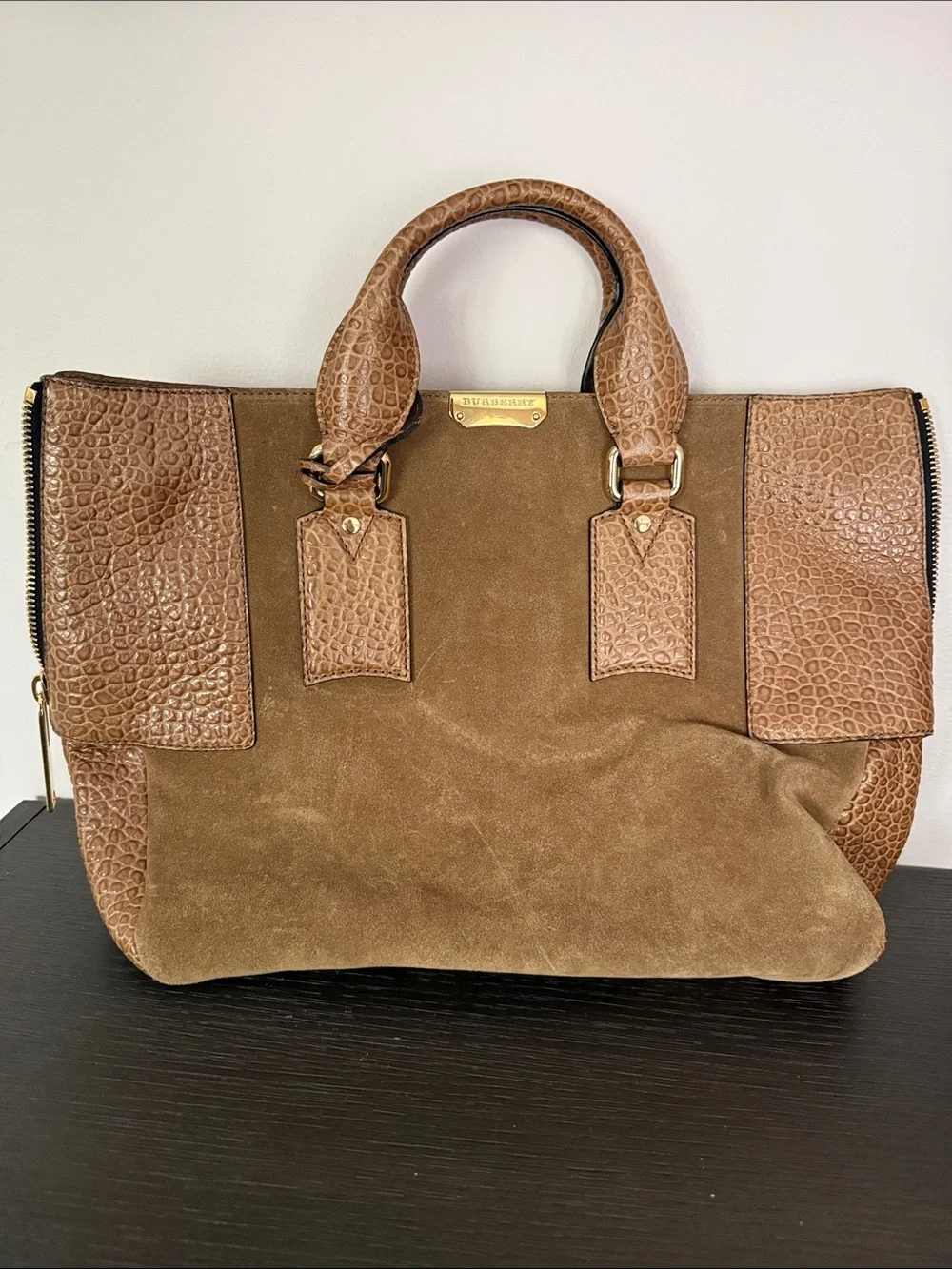 Burberry Brown Suede & Croc-Trim Satchel with Gold Hardware